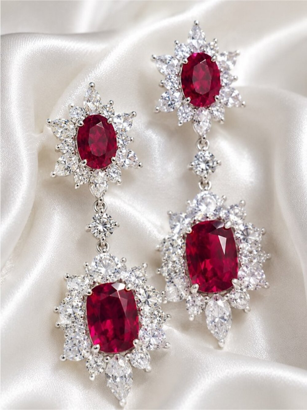Red Crystal Halo Drop Earrings in Silver Tone
